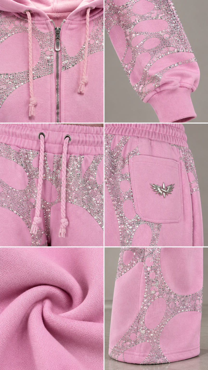 Detailed close-ups of pink hoodie zipper, sleeve cuff, drawstring waist, pocket with charm, and soft knit interior
