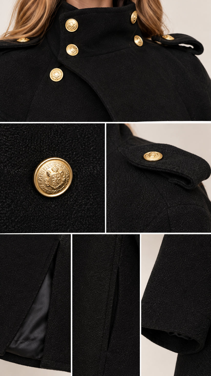 Close-up details of black cape coat showing gold-tone crest buttons, shoulder epaulets, and arm slit opening