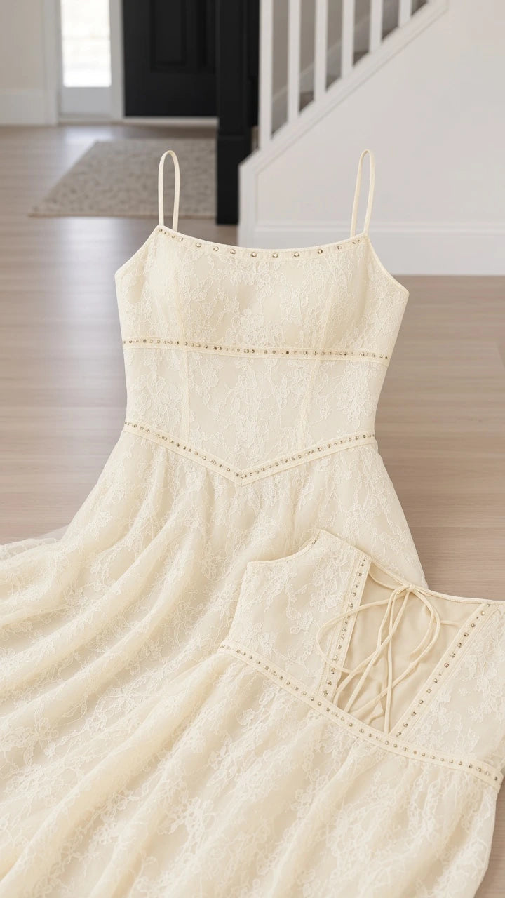 Close-up detail of bodice trim and corset lace-up tie on ivory lace dress