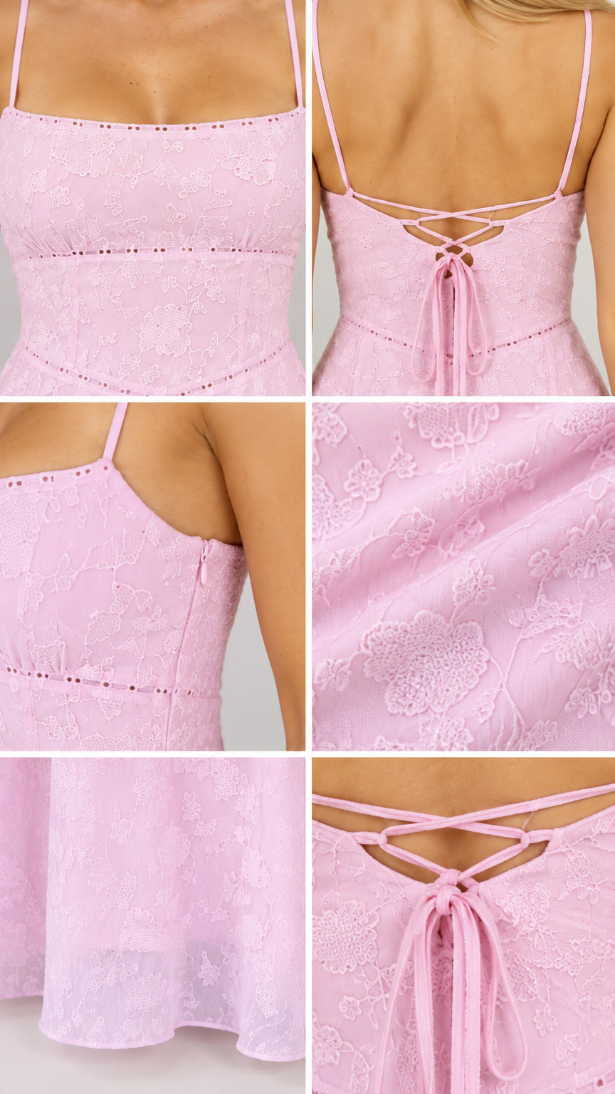 Close-up details of neckline, lace-up back, side zipper, and textured floral jacquard fabric