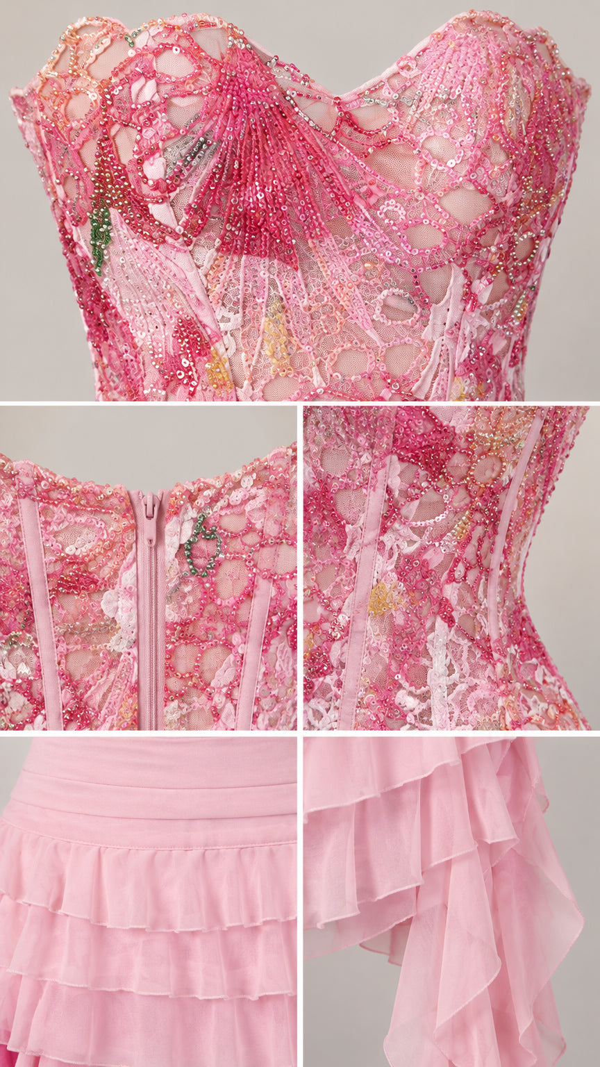 Detailed collage showing embroidery boning back zipper and ruffle textures of pink corset set