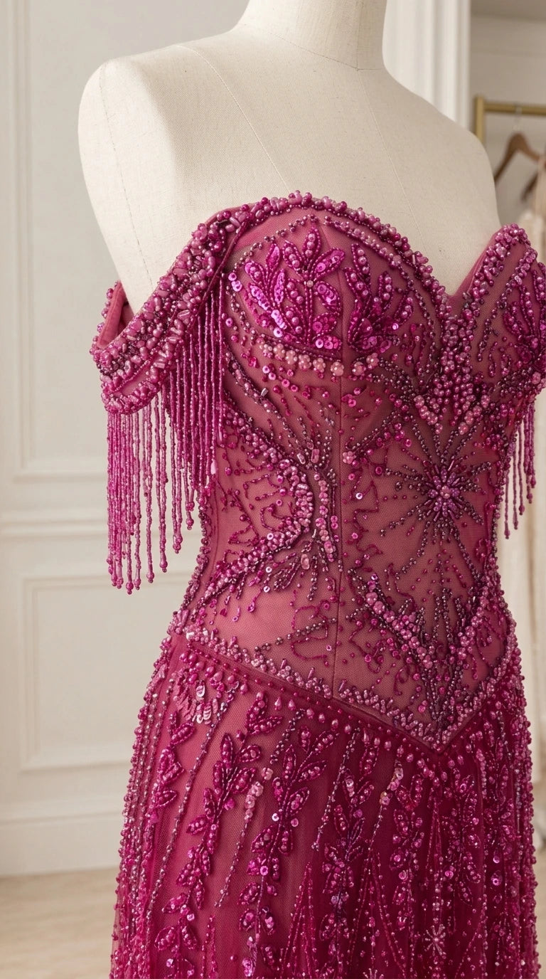Close-up detail of intricate beadwork, sequins, and fringe sleeve on magenta corset gown