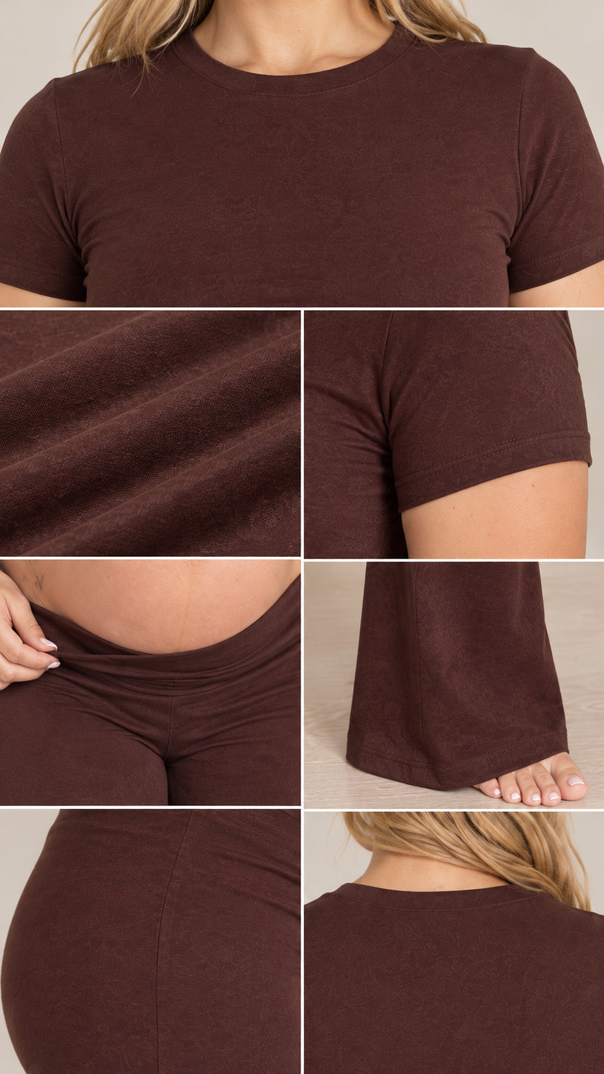 Close-up details of neckline, fabric texture, under-belly waistband, and flare hem