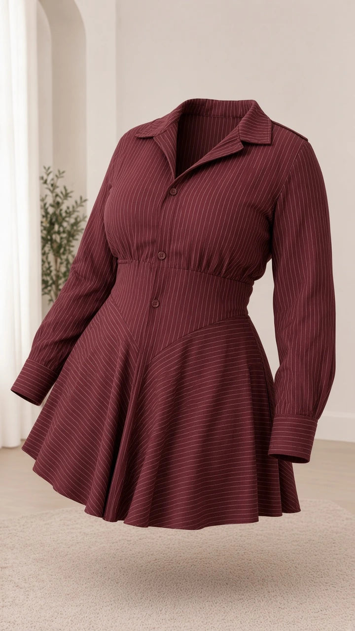 3D ghost mannequin view of burgundy striped collared mini shirt dress