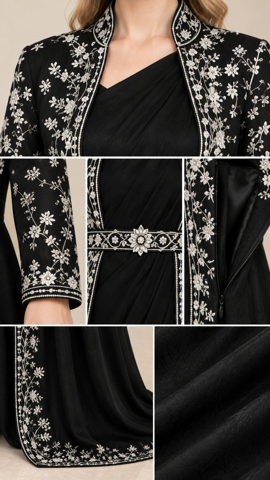 Close-up detail collage showing floral embroidery on collar, sleeves, waist belt, and hem fabric texture