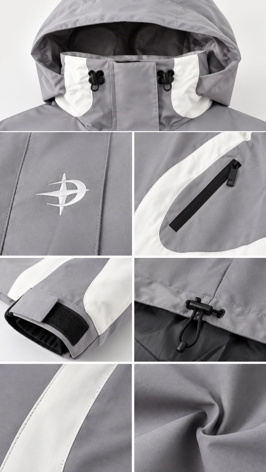 Close-up collage of grey jacket details including drawstring hood, embroidered logo, zipper pocket, adjustable cuff, and toggle hem
