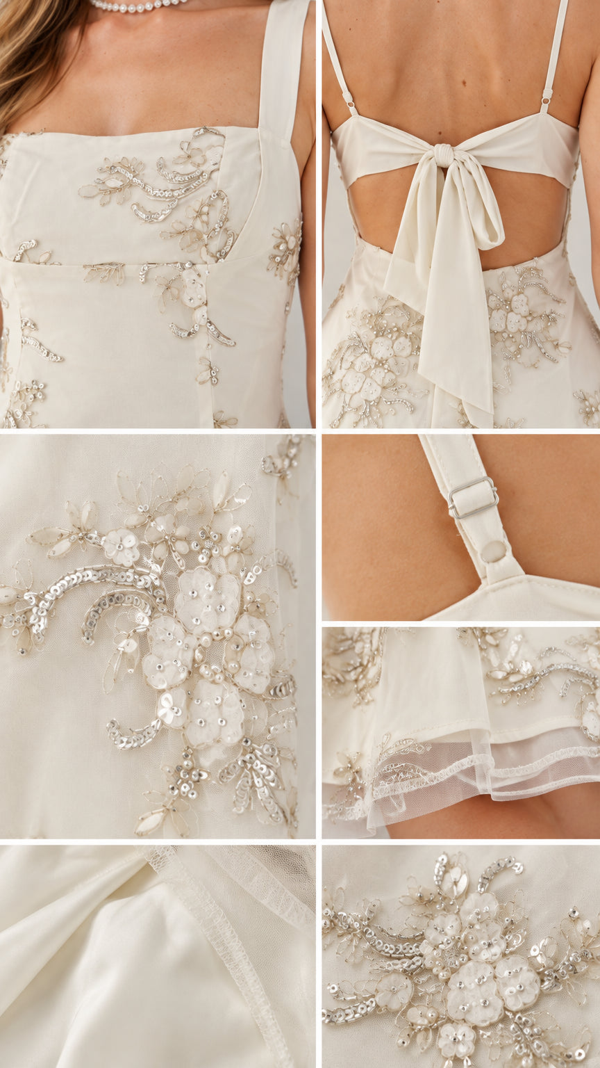 Close-up details of sequin embroidery, tie back bow, and strap hardware