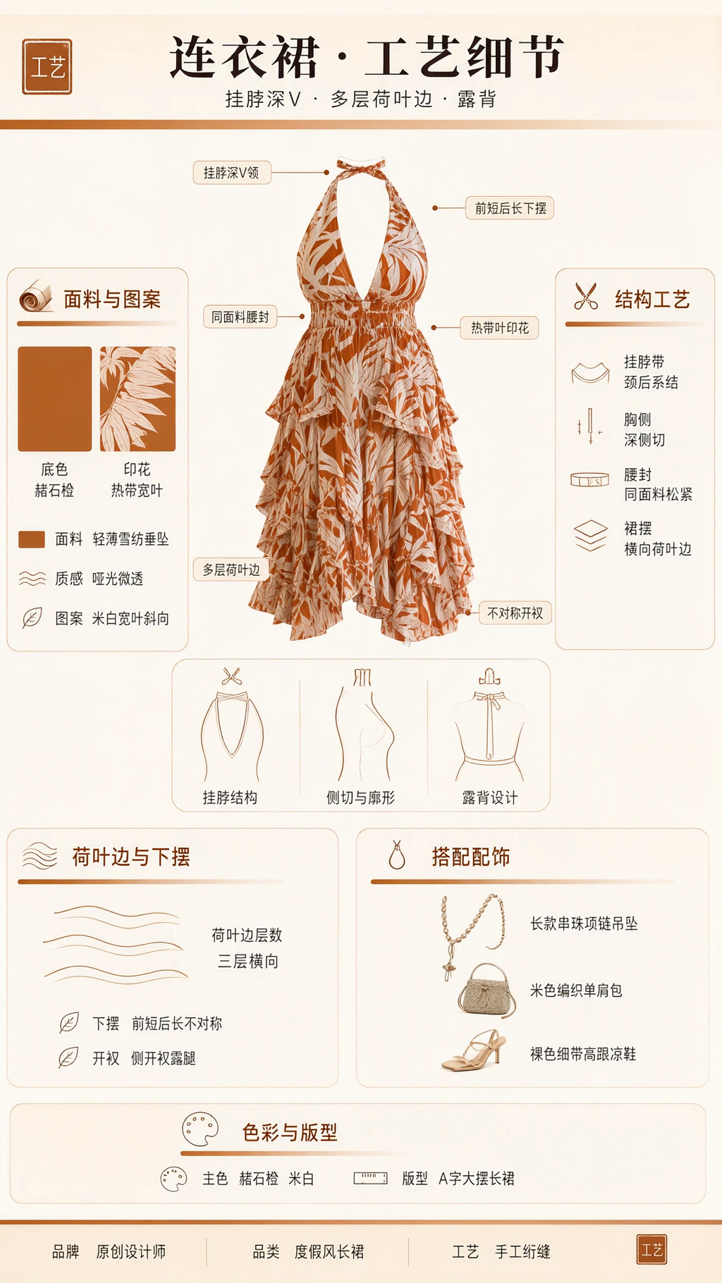 Product craftsmanship diagram showing plunge halter neck and tiered ruffle construction details