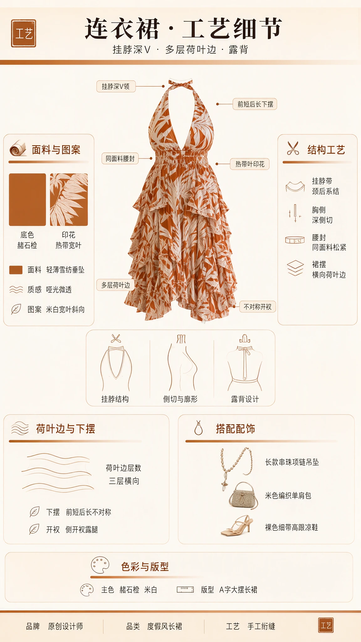 Product craftsmanship diagram showing plunge halter neck and tiered ruffle construction details