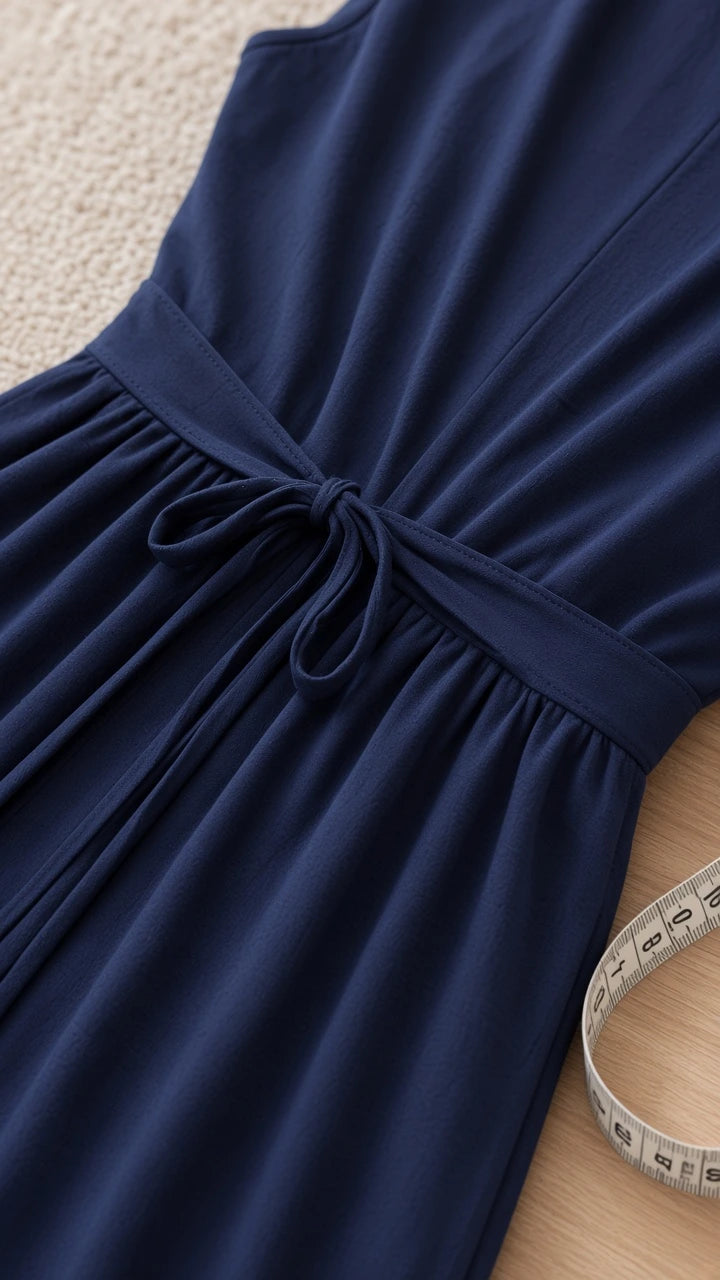 Close-up detail of Navy Blue dress fabric, gathered waist seam, and back tie sash