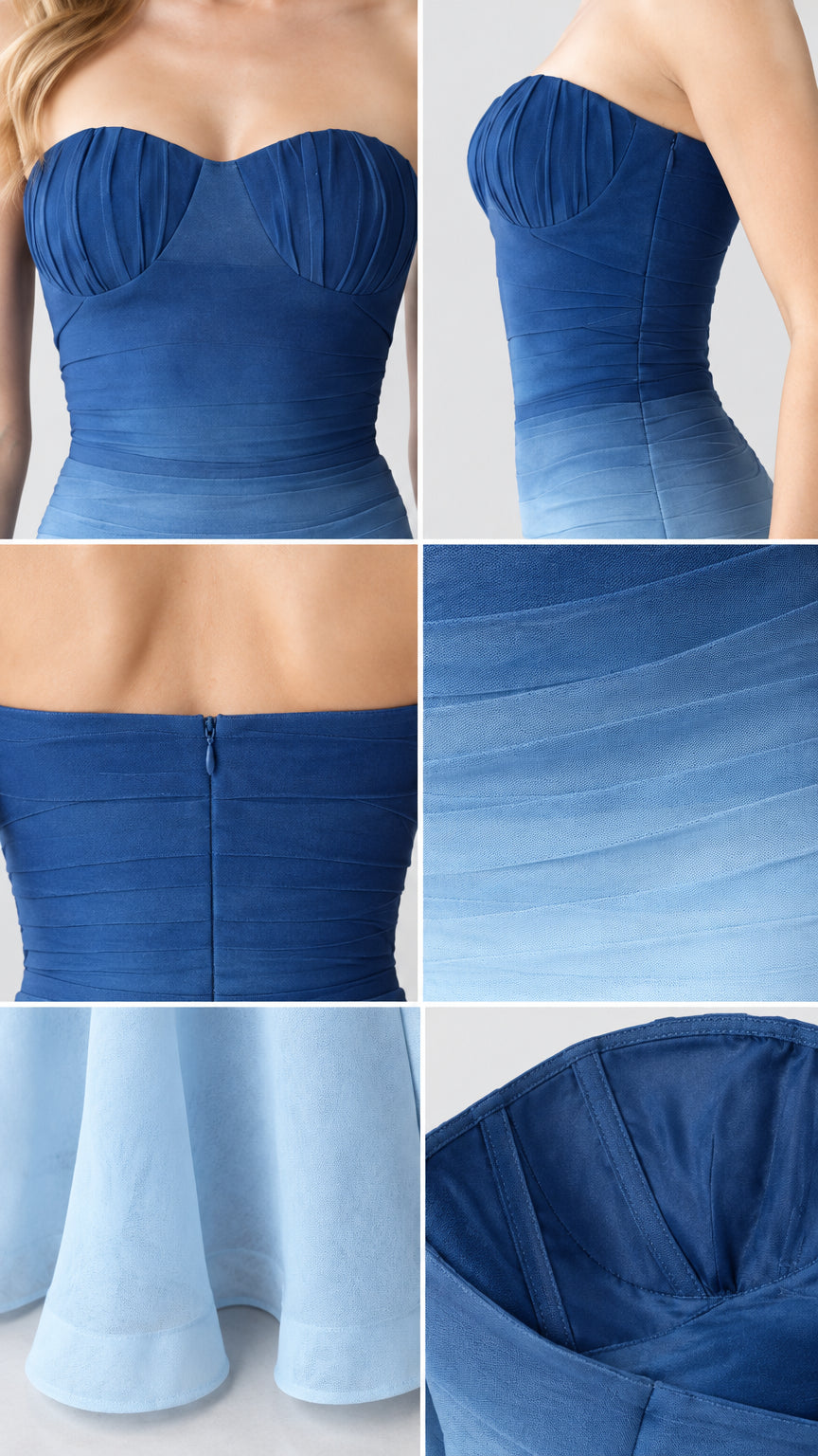 Collage of close-up construction details including sweetheart bust, ruching texture, back zipper, hemline, and interior bodice lining