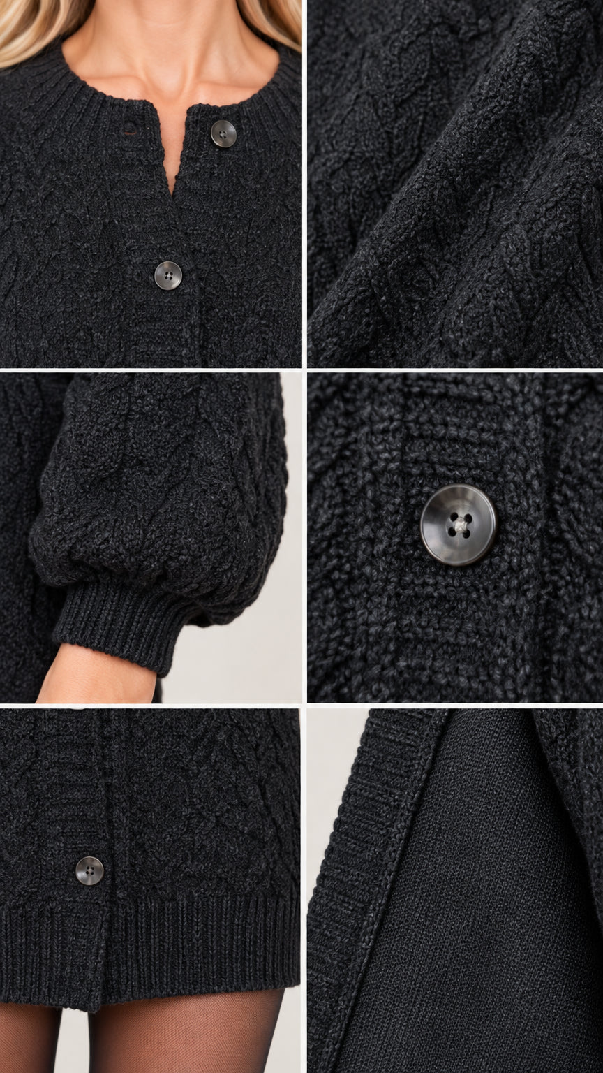 Close-up details of black cable knit sweater dress neckline, buttons, and sleeve cuff