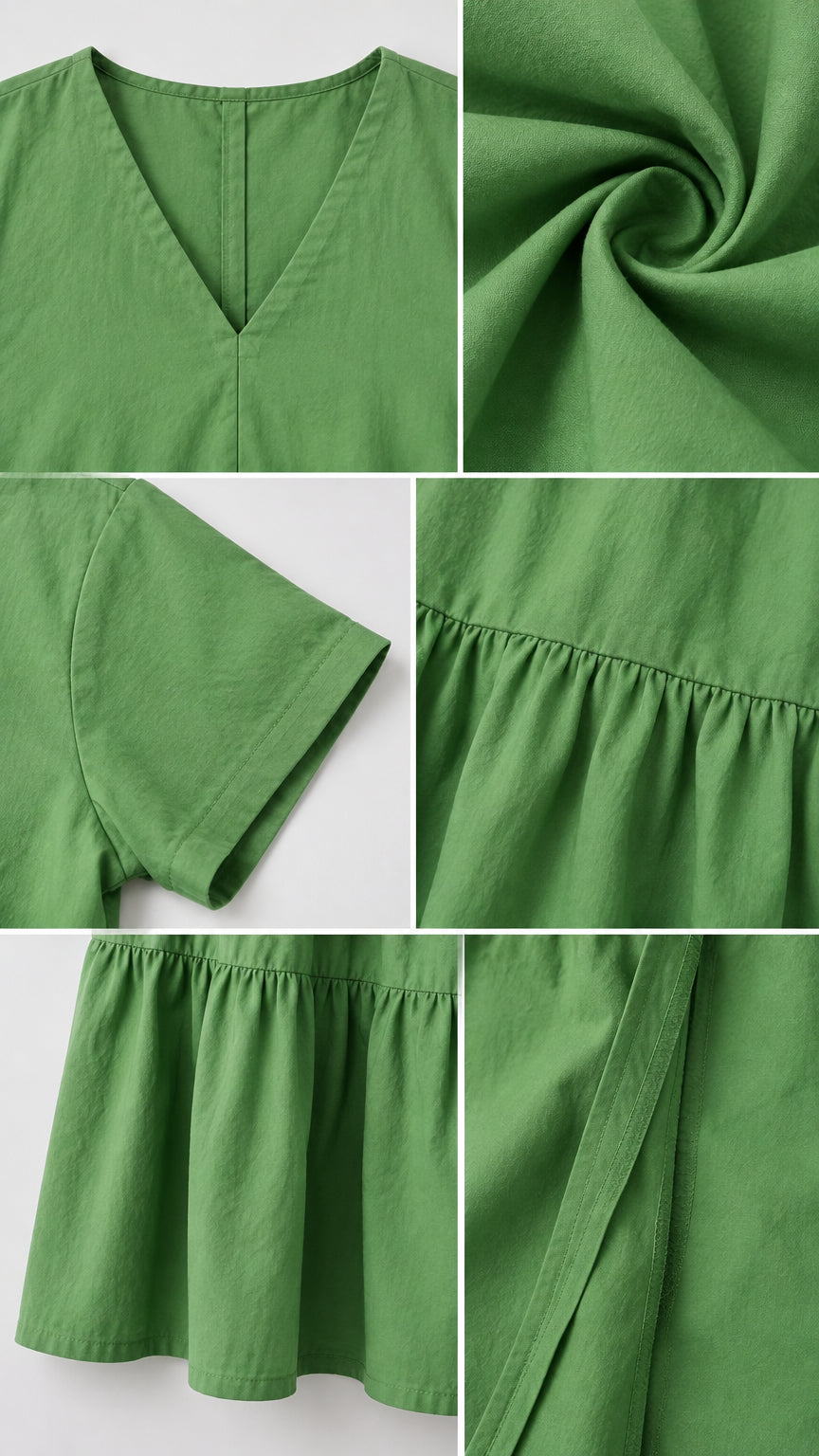 Close-up detail collage showing green dress V-neckline, fabric texture, sleeve, and tiered stitching