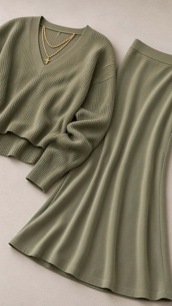 Flat lay detail of sage green ribbed knit V-neck sweater and fluted skirt fabric