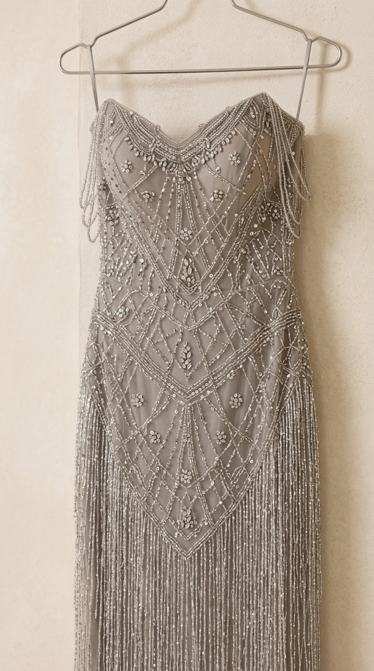 Close-up flat lay on hanger displaying intricate silver geometric beading and fringe accents