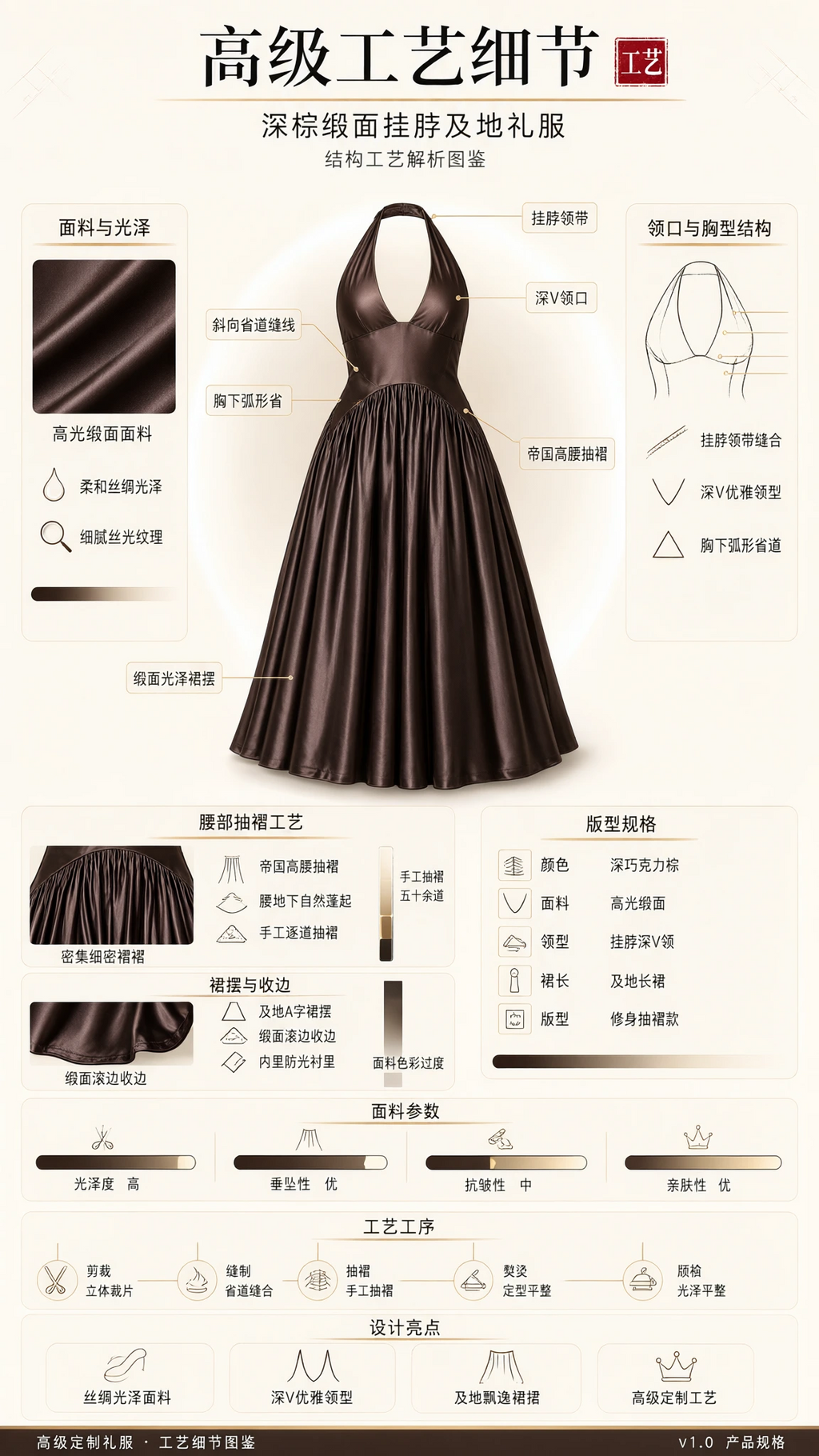 Technical design diagram and craftsmanship breakdown of the halter satin evening dress