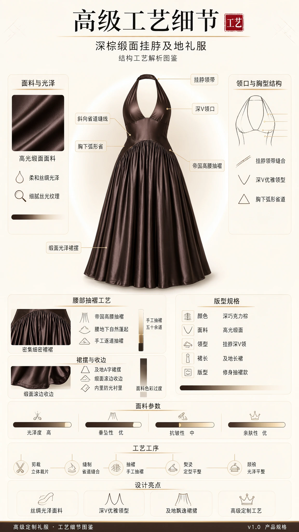 Technical design diagram and craftsmanship breakdown of the halter satin evening dress