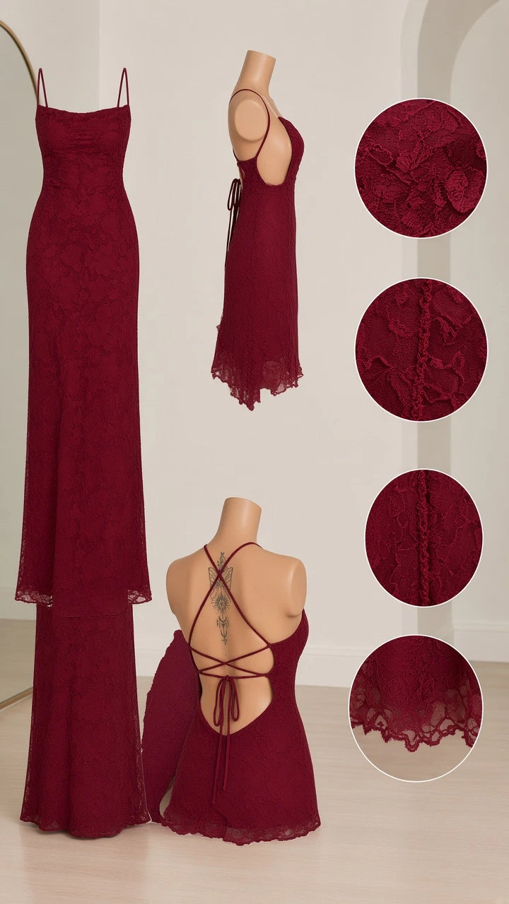 Product details and flat lay views of burgundy lace maxi dress with tie back