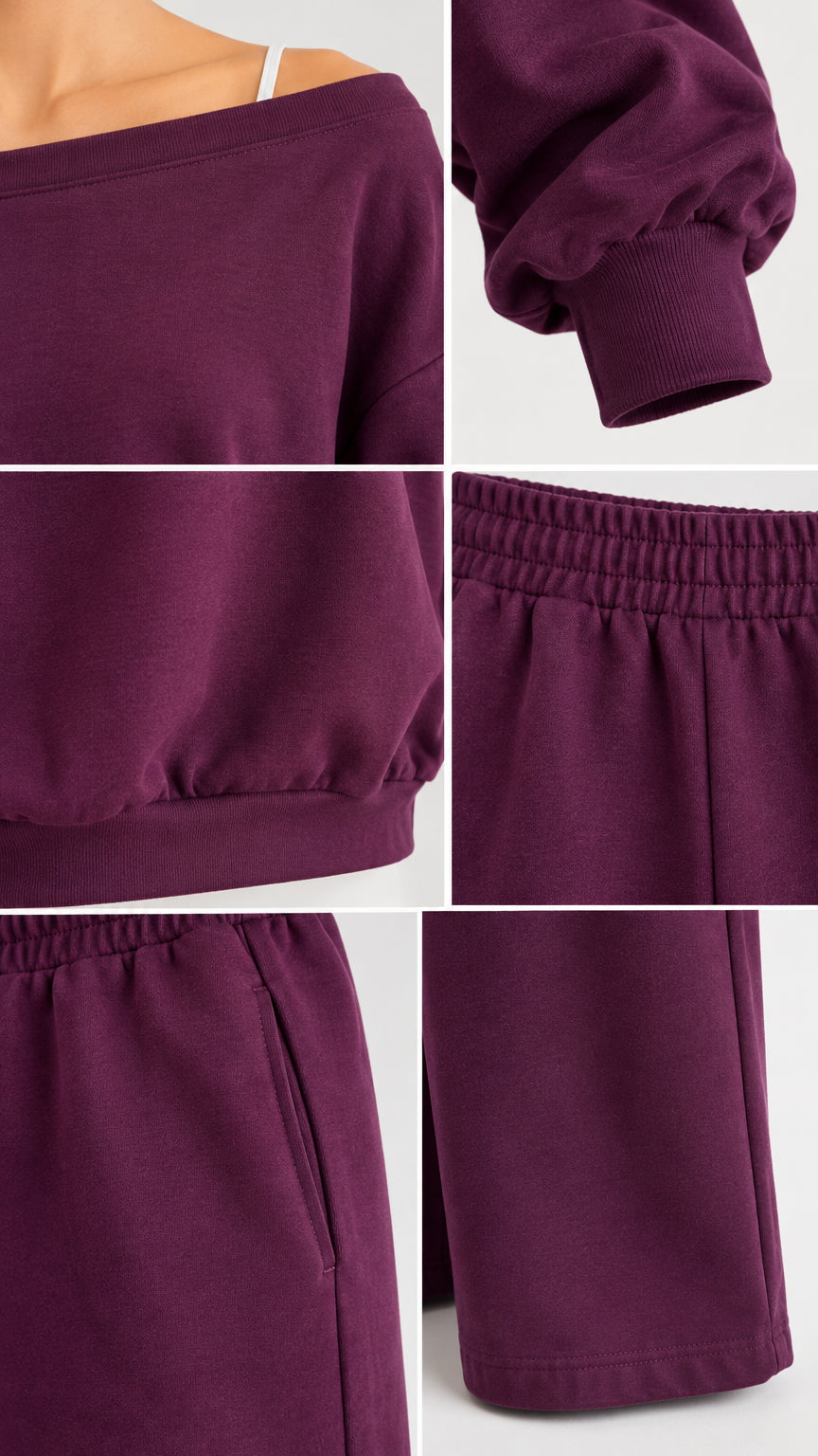 Close-up details of off-shoulder neckline, ribbed cuffs, elastic waist, and side pocket in plum