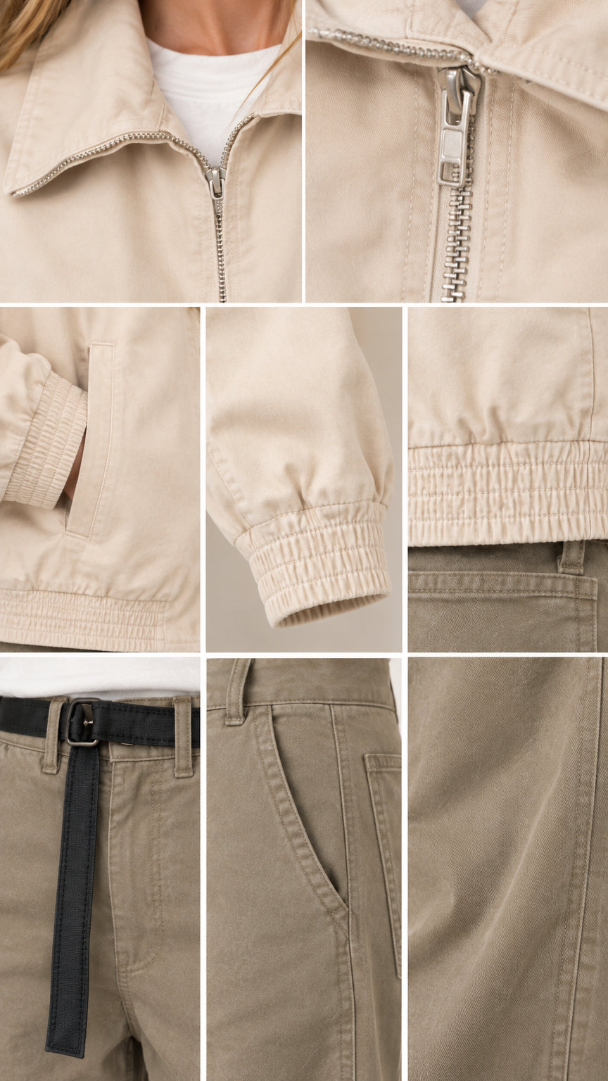 Detailed close-ups of zipper collar, jacket pocket, elastic cuff, waistband belt, and pants pocket