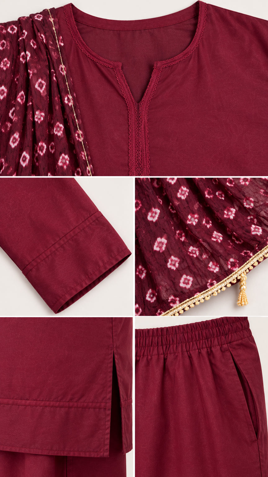 Close-up details of burgundy tunic neckline trim, sleeve cuff, side slit, printed scarf tassels, and elastic pant waistband