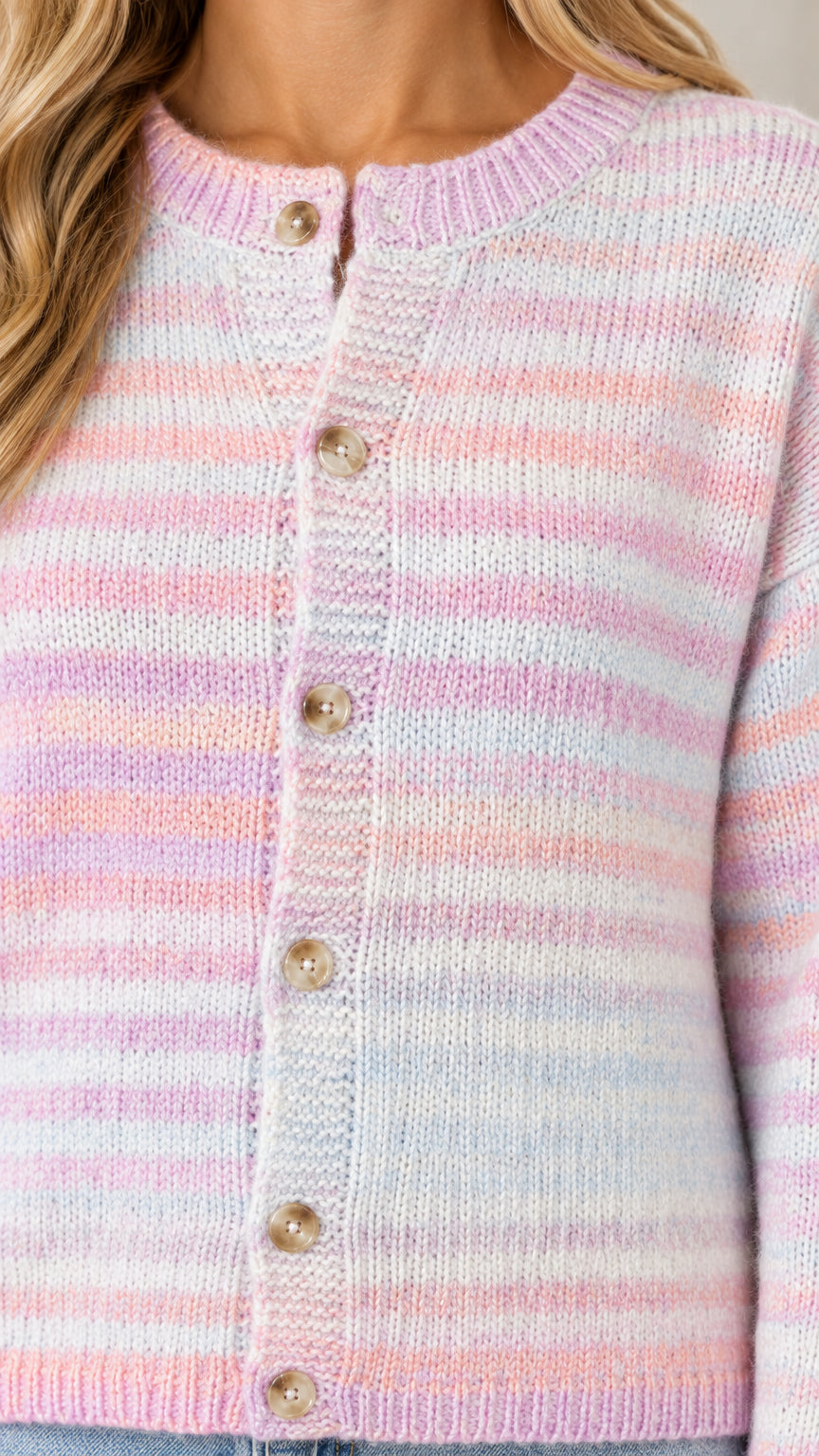 Close-up detail of knitted fabric, striped pattern, and button closure on pastel pink cardigan