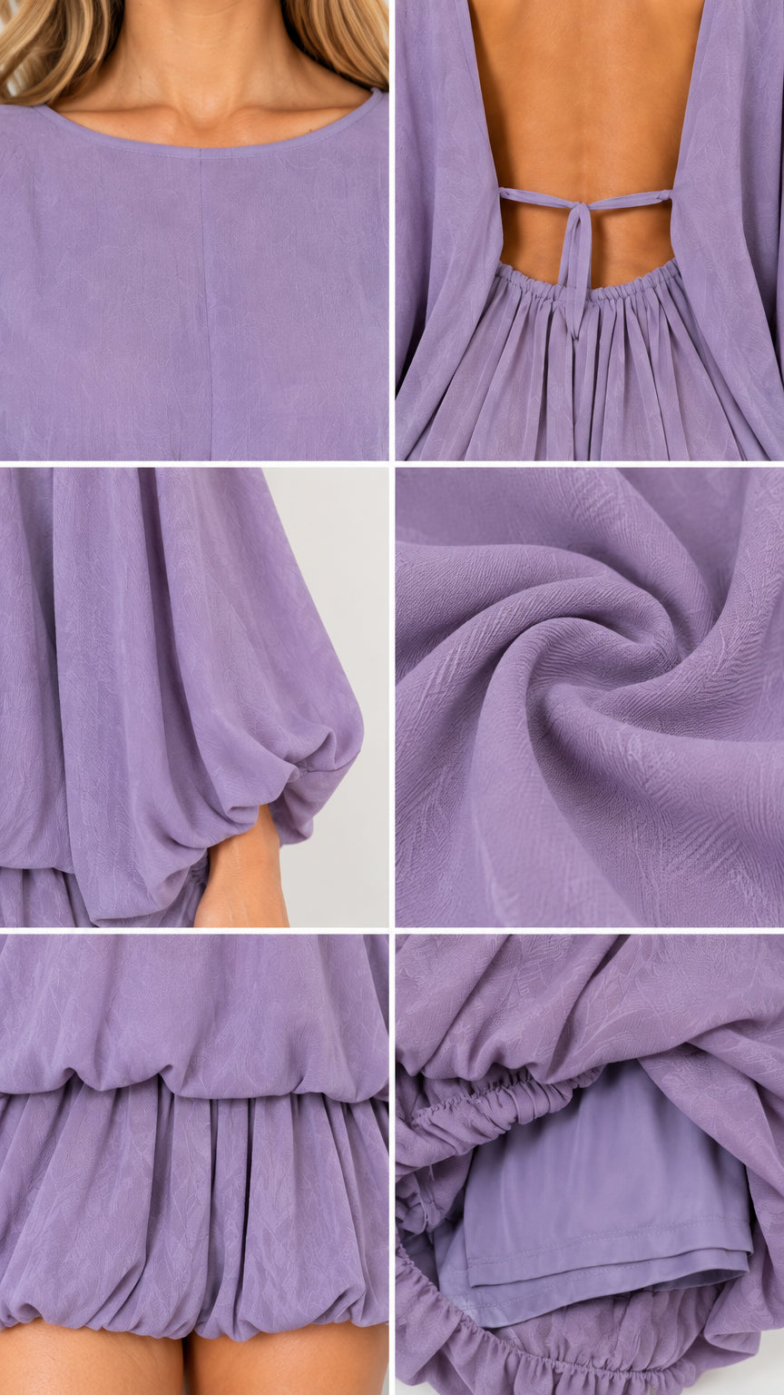 Close-up details of lavender romper neckline, tie back, sleeve, and gathered hem