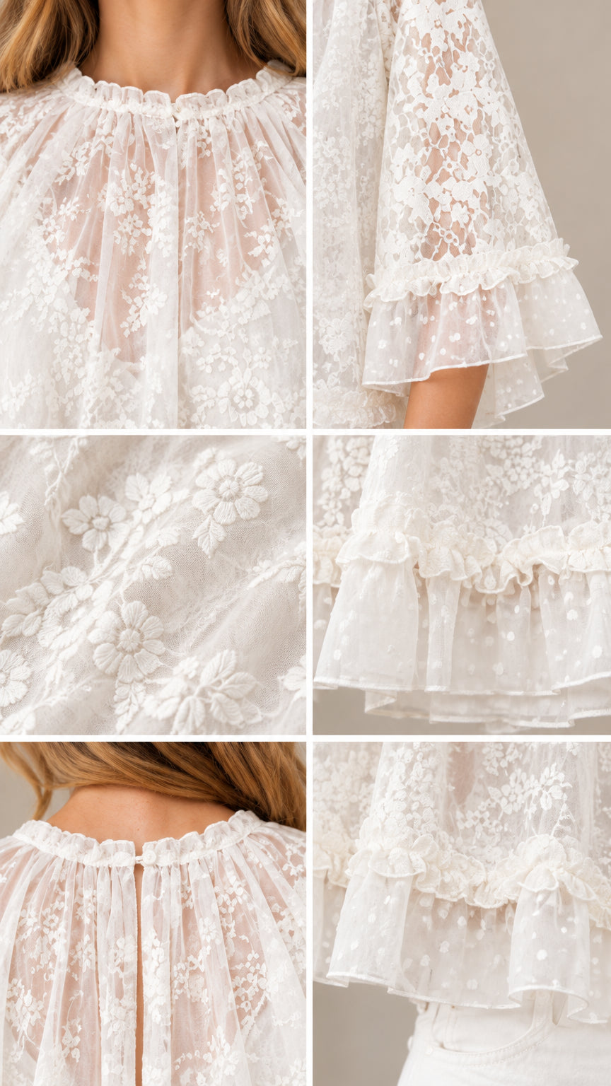Detailed close-ups of white floral lace fabric, neckline ruffles, dot mesh trims, and flared cuff