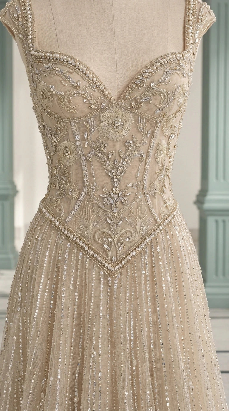 Close-up detail of mannequin wearing Champagne beaded corset bodice with crystal embroidery