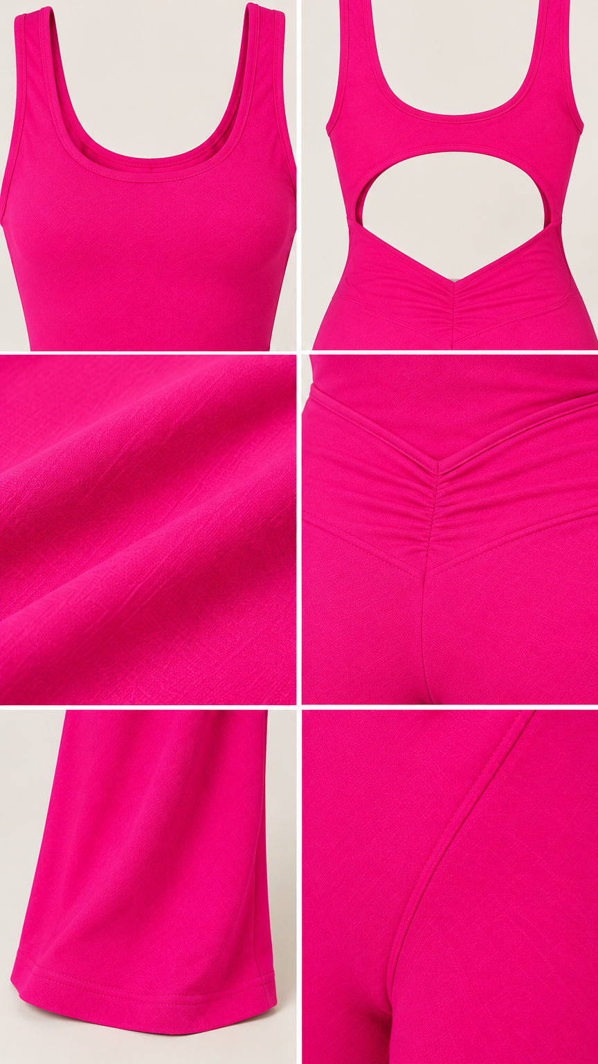 Close-up details of scoop neckline, back cutout, ruched stitching, and flare hem