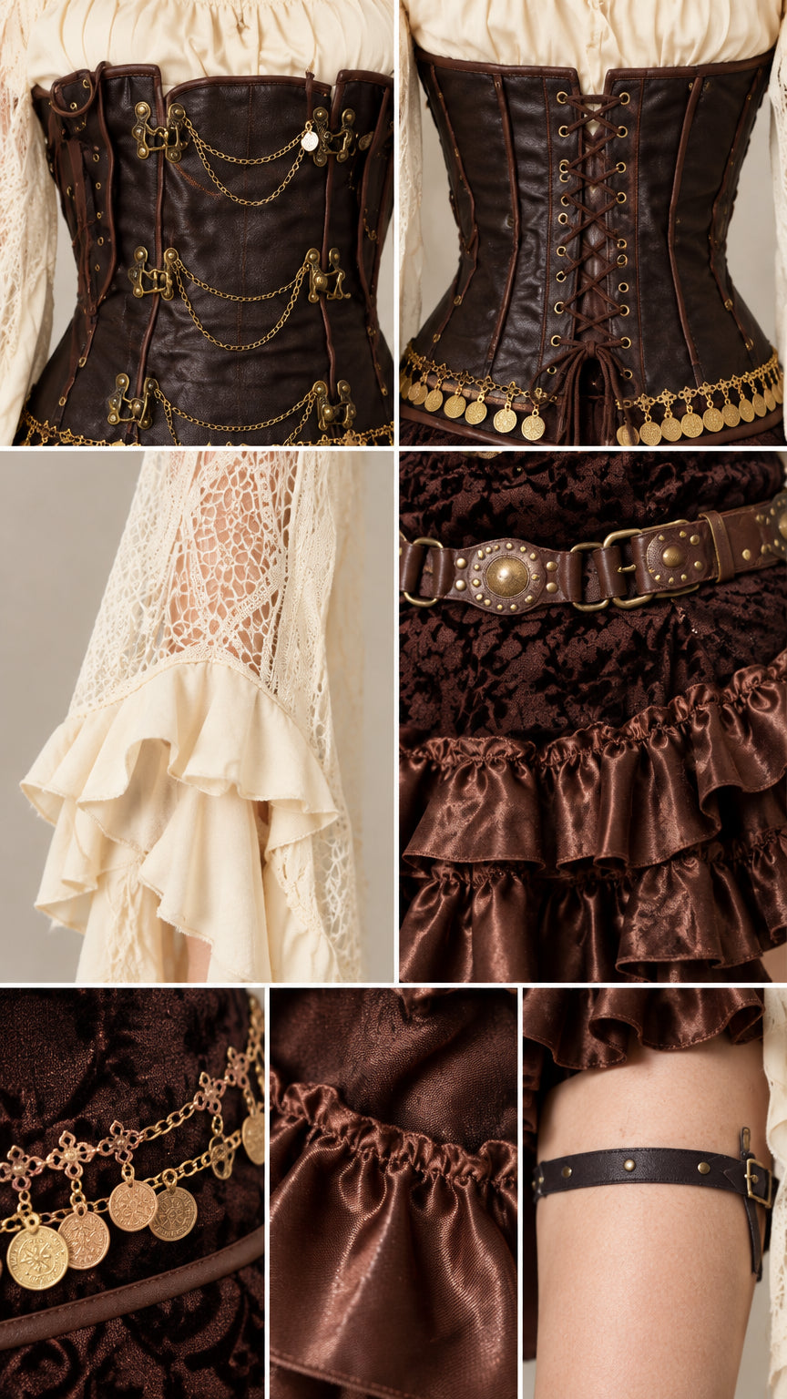 Detailed close-up collage showing corset hardware, chains, lace sleeves, coin belt, and ruffled skirt details