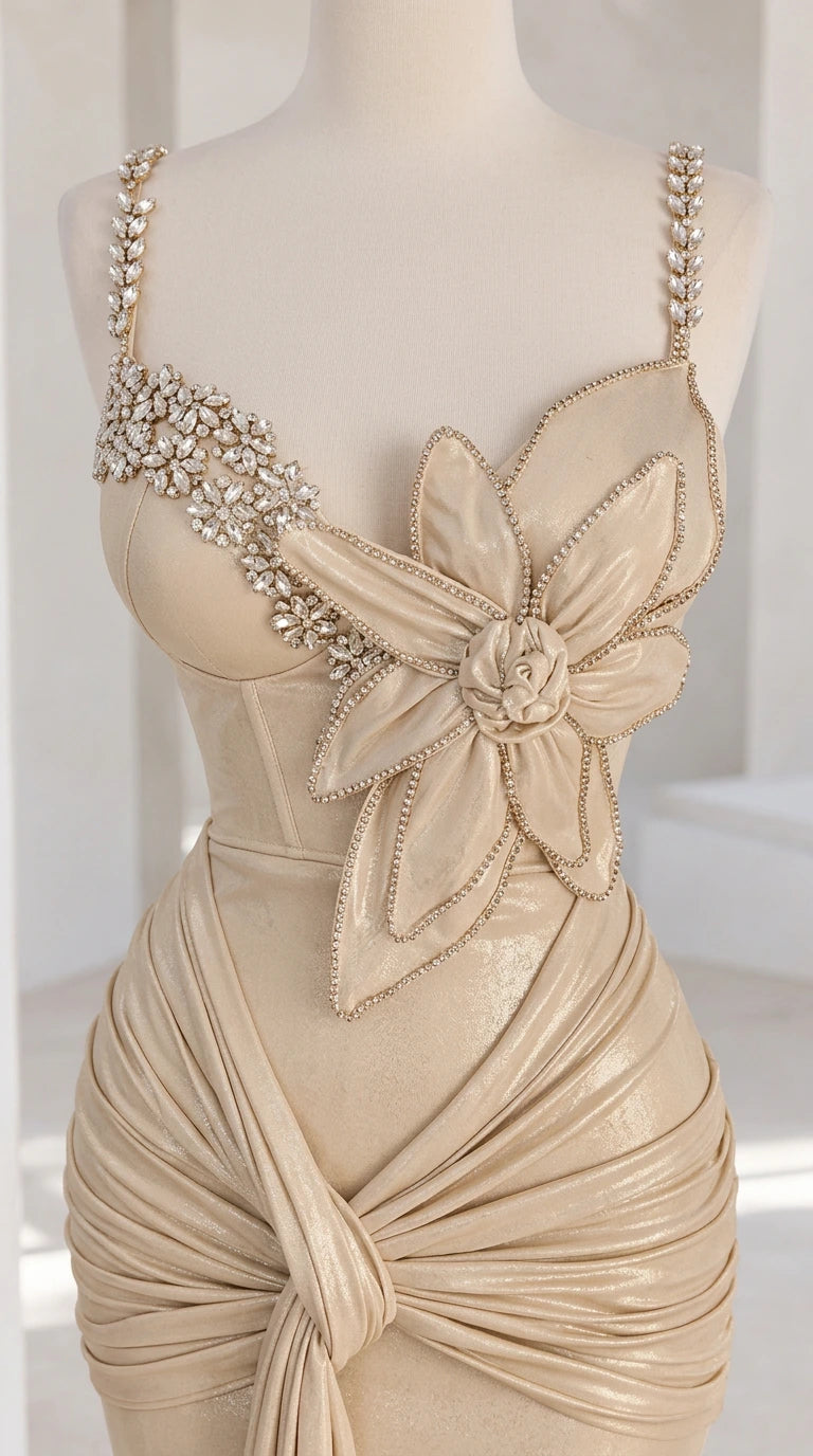 Close-up of champagne corseted bodice with 3D floral applique and crystal rhinestone beading