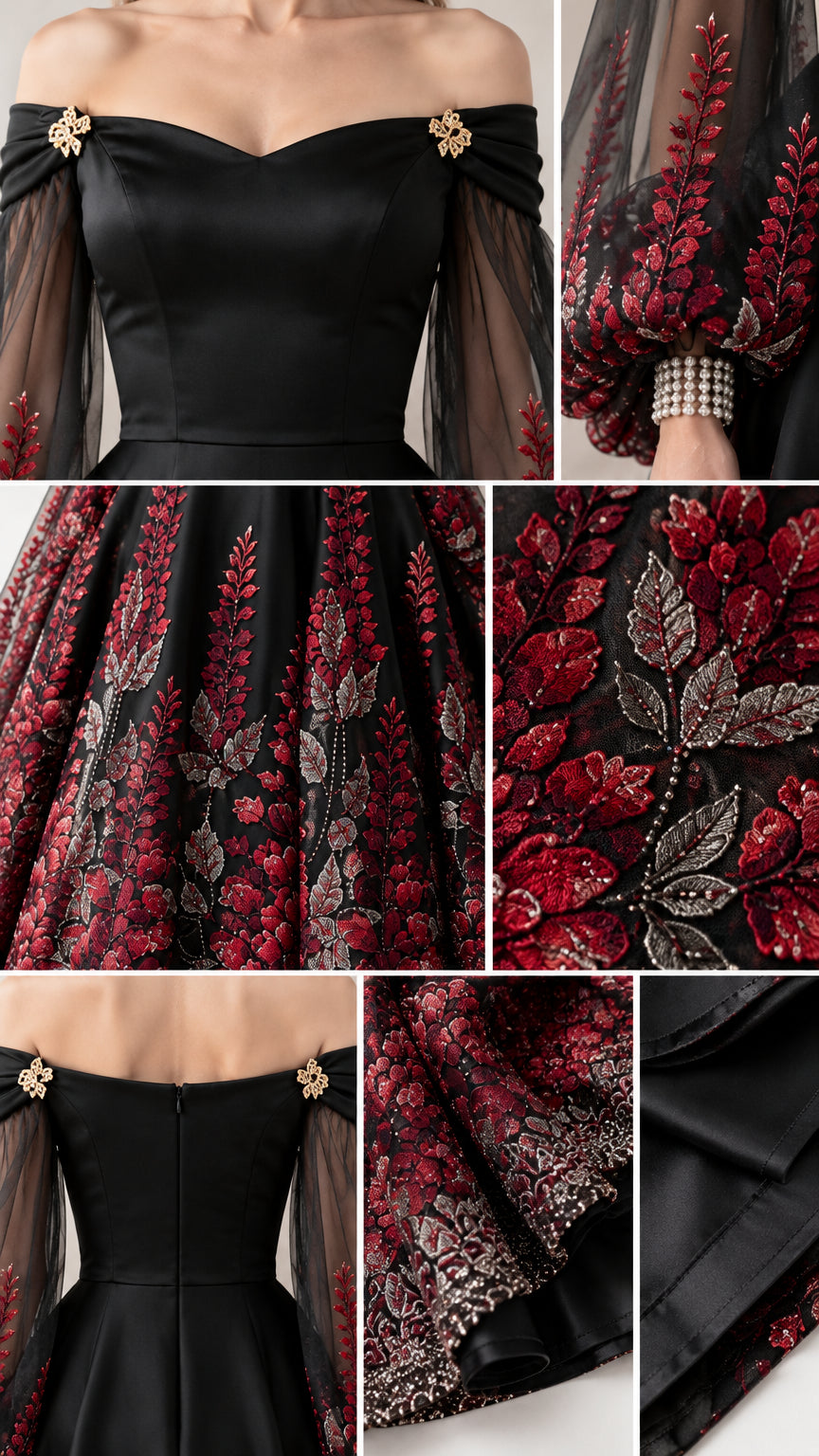 Close-up details of sweetheart neckline, beaded embellishments, sheer embroidered sleeve cuffs, and back zipper