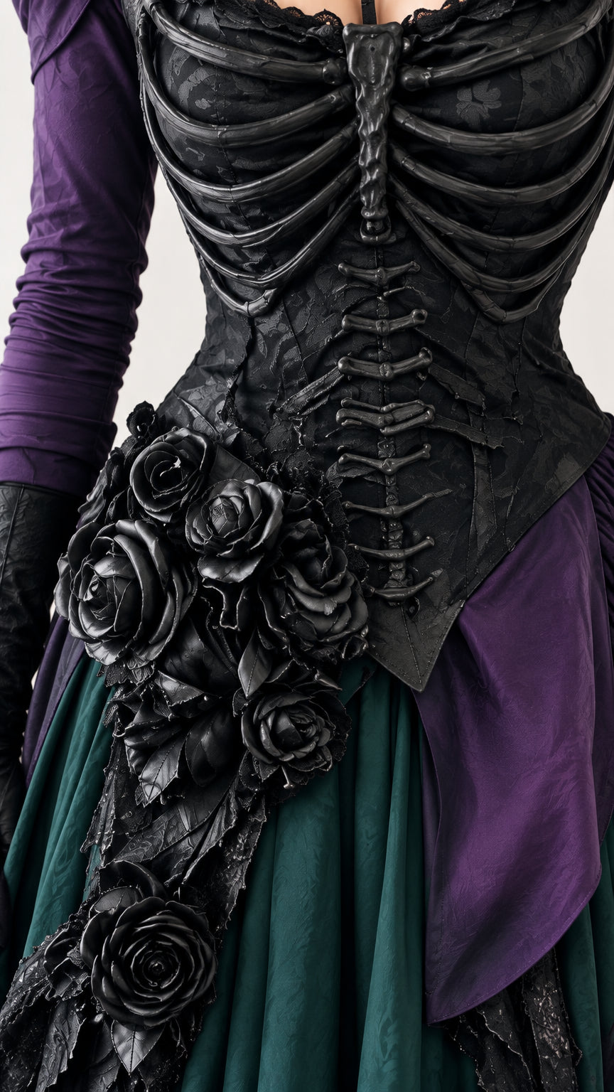 Close-up detail of black sculpted ribcage corset bodice and textured 3D rose appliqués on dark green and purple gown
