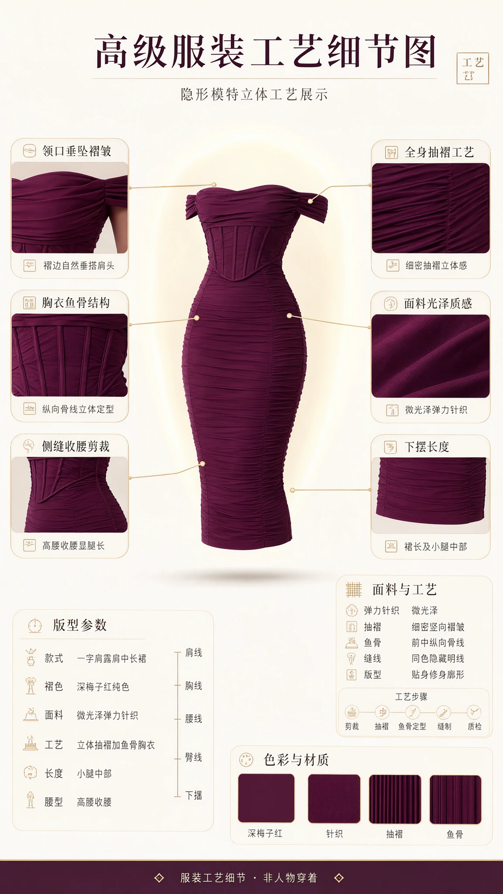 Detailed product breakdown graphic highlighting corset structure and ruching craftsmanship