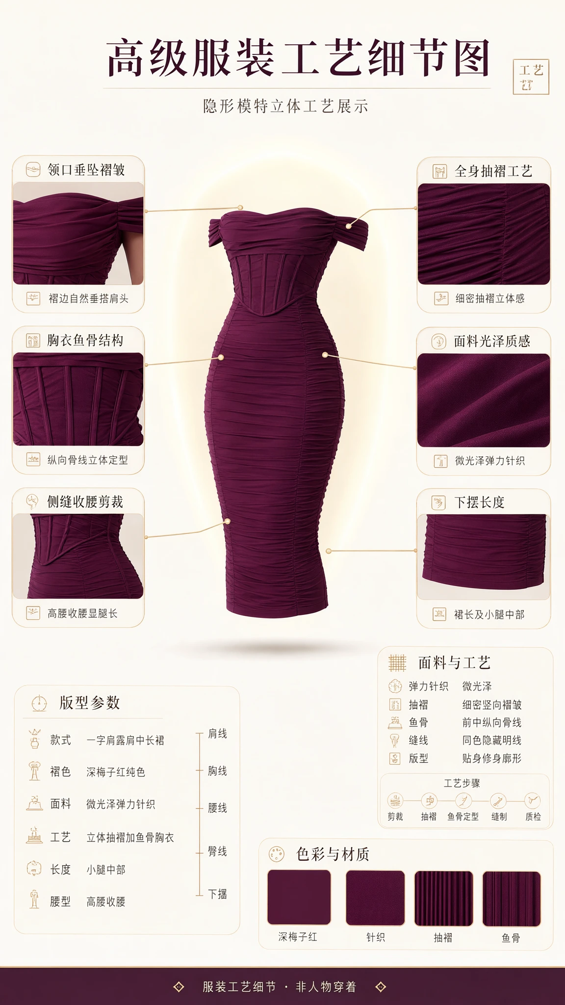 Detailed product breakdown graphic highlighting corset structure and ruching craftsmanship
