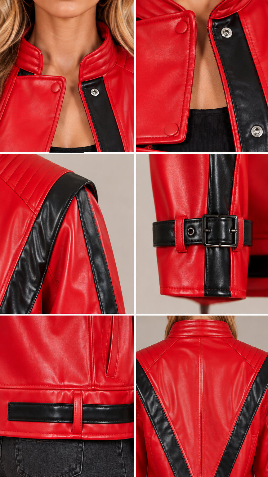 Close-up details of collar, snap closure, shoulder trim, buckled cuff, and hem tab