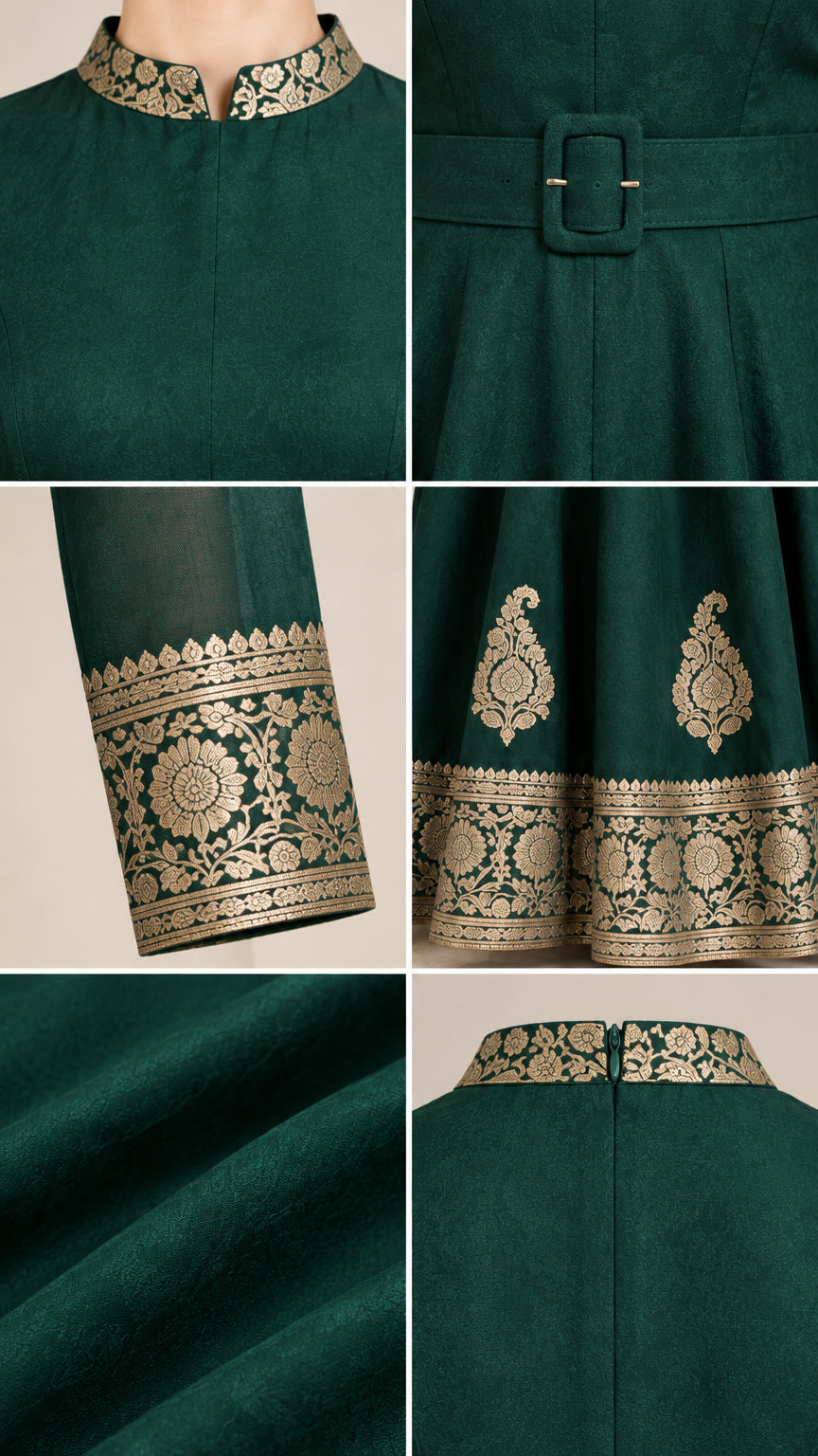 Detailed close-ups of embroidered mandarin collar, fabric belt buckle, sleeve cuff, and hem border