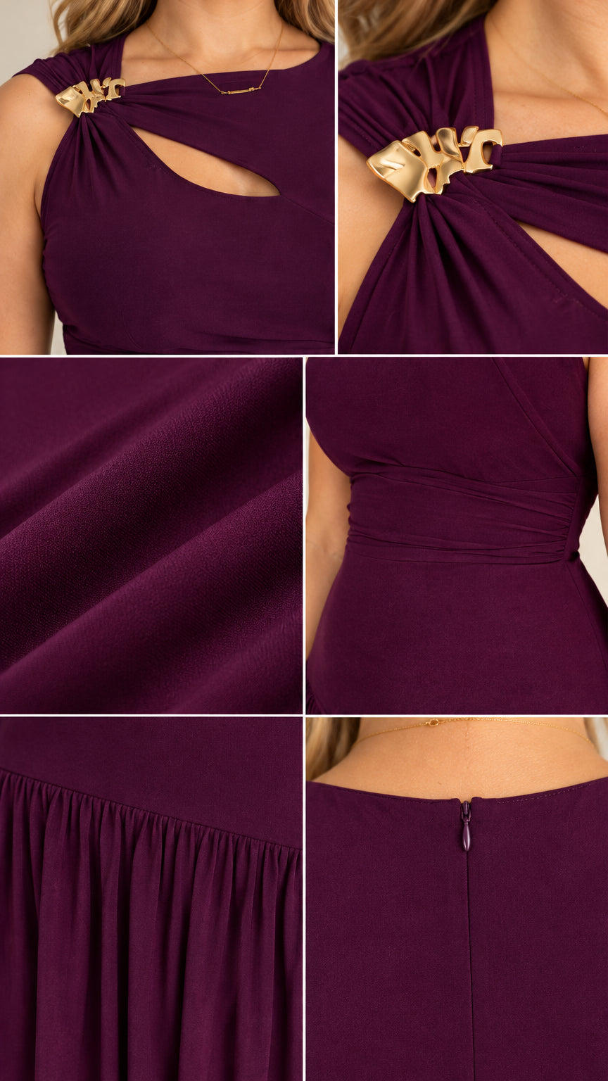 Detailed collage showing neckline cutout with gold hardware, fabric drape, and back zipper