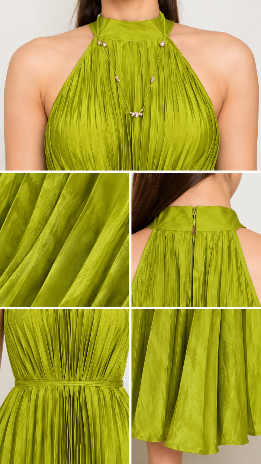 Close-up details of neckline embellishment, pleated texture, waist tie, and hem