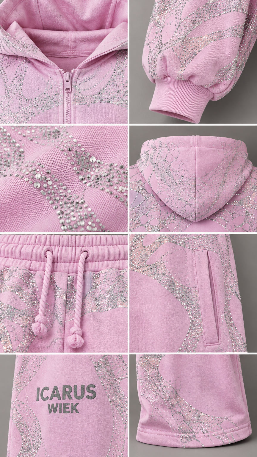 Close-up details of rhinestone embellishments, zipper, cuffs, hood, drawstring, and pockets on pink tracksuit