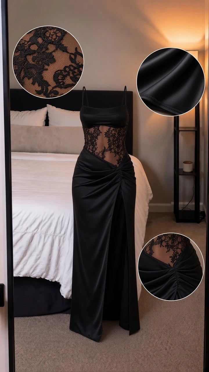 Close-up details of black sheer lace midriff, satin fabric, and gathered slit