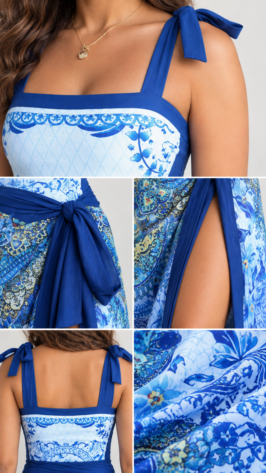 Close-up details of shoulder ties, waistband knot, and tile print fabric