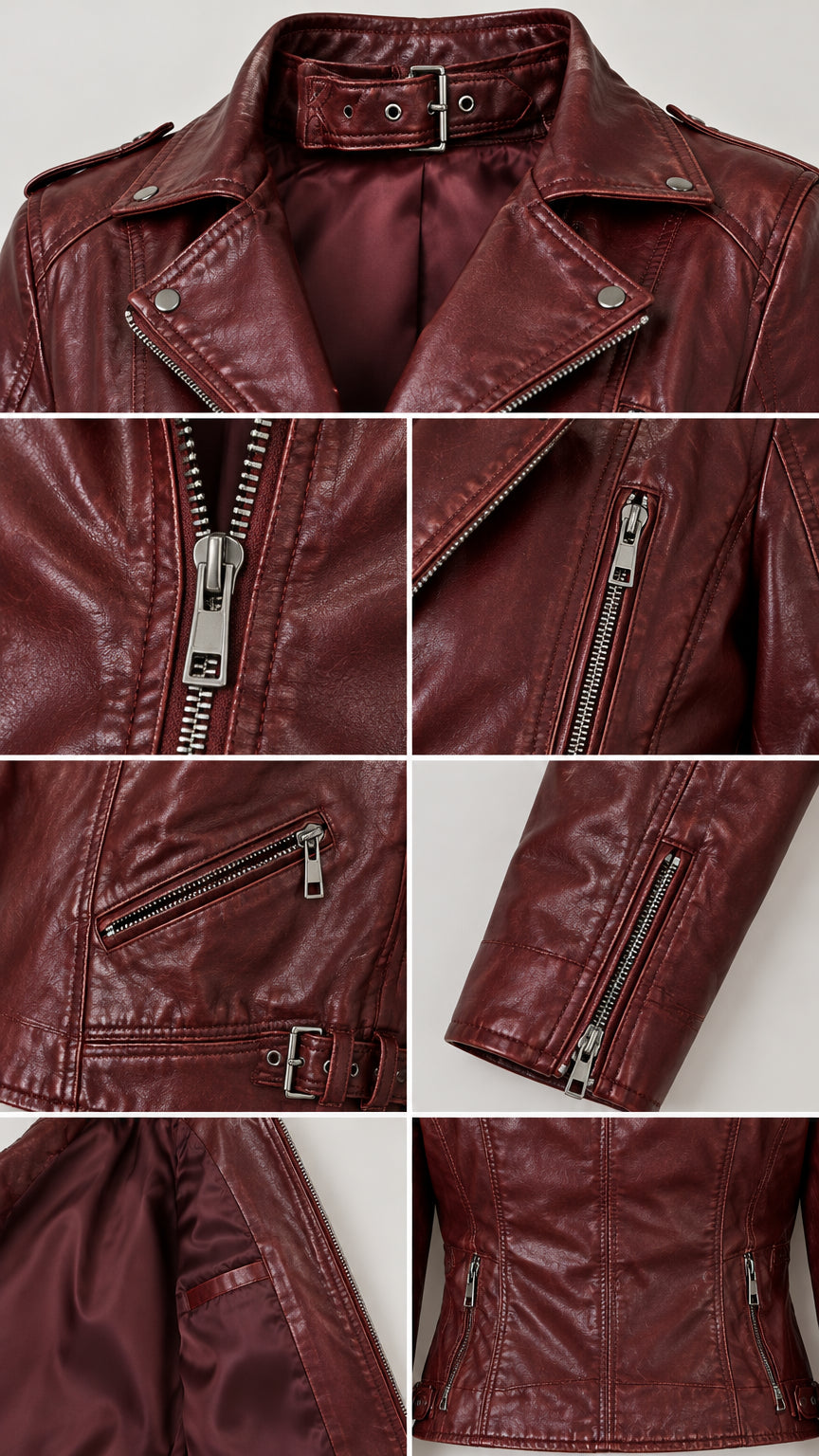 Detailed close-up collage of burgundy jacket collar buckle, zipper closure, pockets, and lining