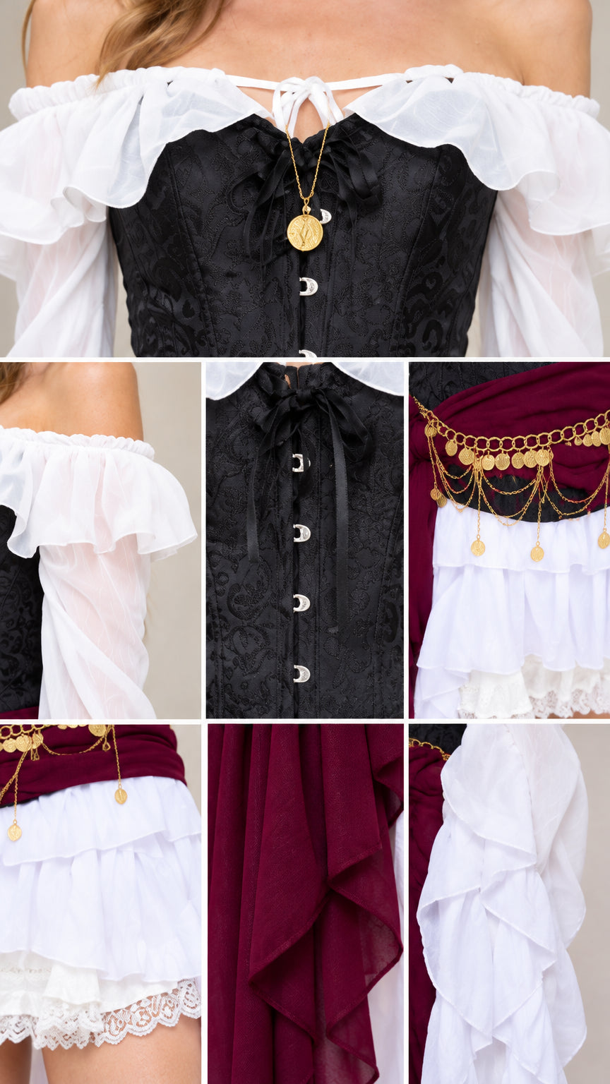Close-up details of the brocade corset bodice, gold coin chain belt, and tiered ruffled hemline