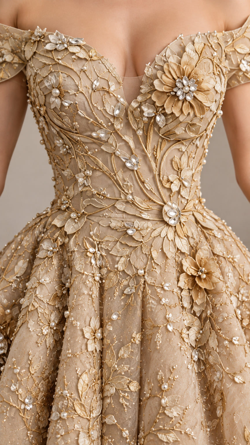 Close-up detail of gold bodice showing 3D floral embroidery, beadwork, and sweetheart neckline