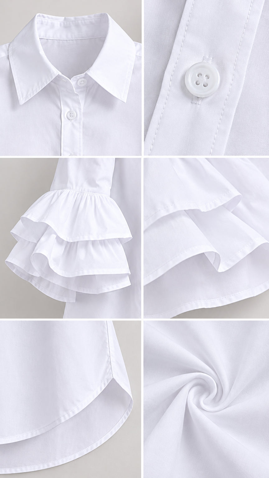 Detailed collage showing shirt collar, buttons, tiered ruffle cuff construction, curved hem, and fabric texture