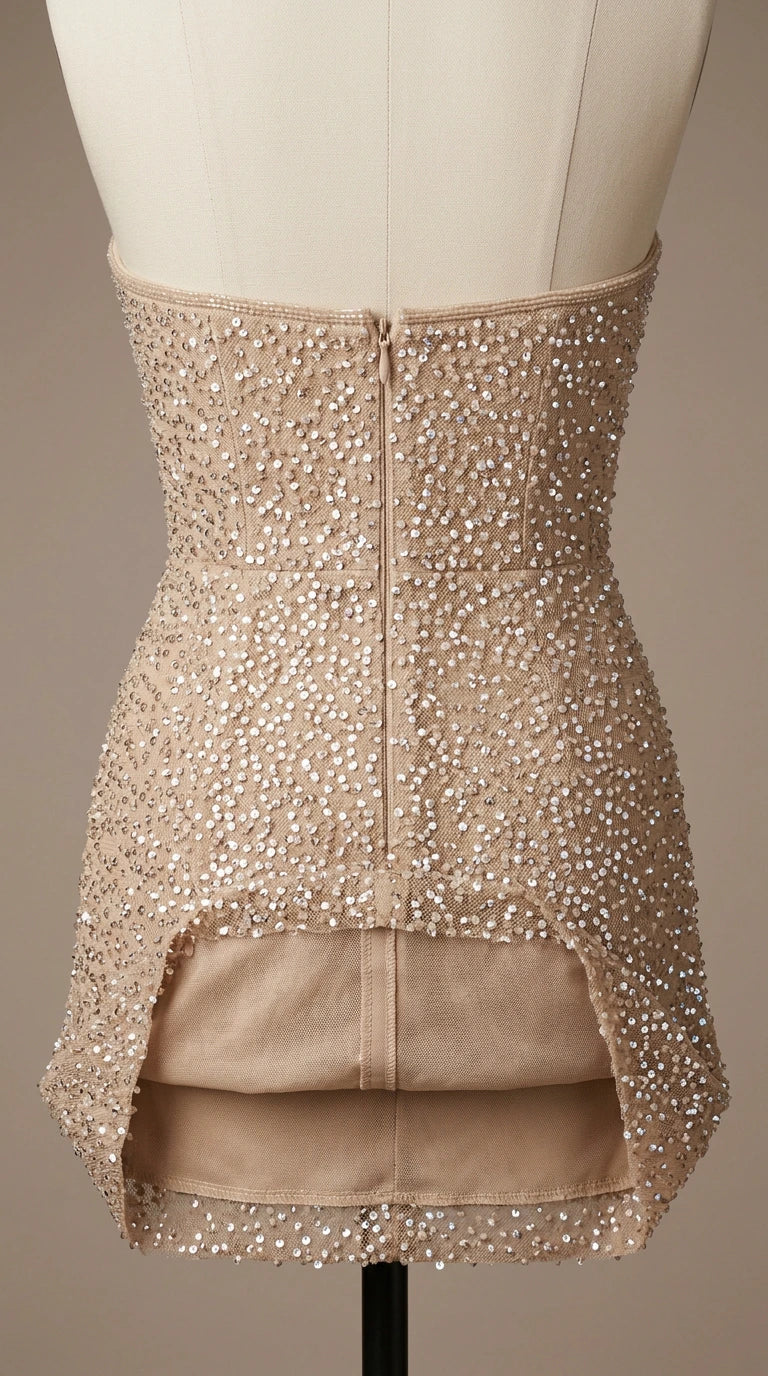 Close-up back zipper and interior lining of champagne rhinestone embellished mini dress on mannequin