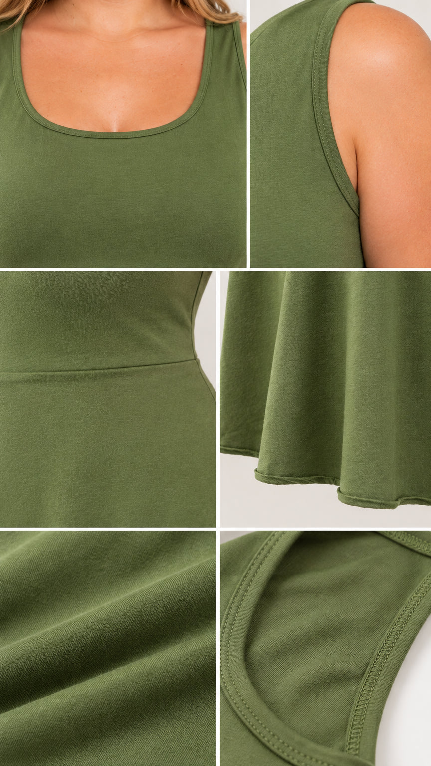 Detailed close-ups of scoop neckline, armhole stitching, waist seam, and knit fabric texture