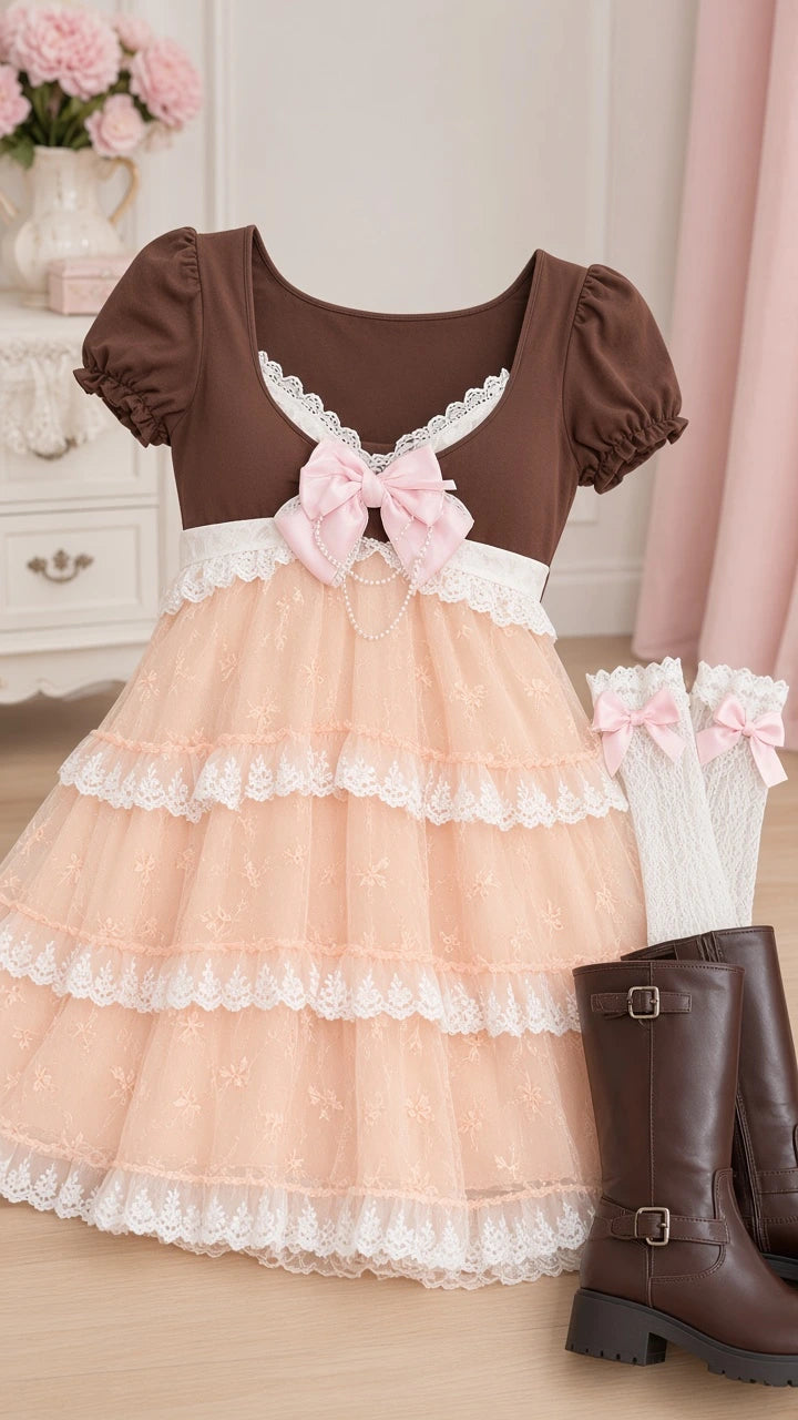 Flat lay of apricot and brown tiered lace dress with matching accessories